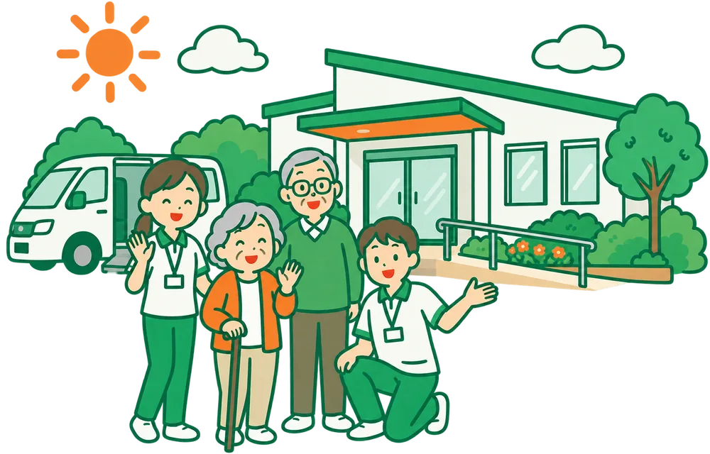 事業所の前で、職員と利用者が送迎車のそばに立っているイラスト